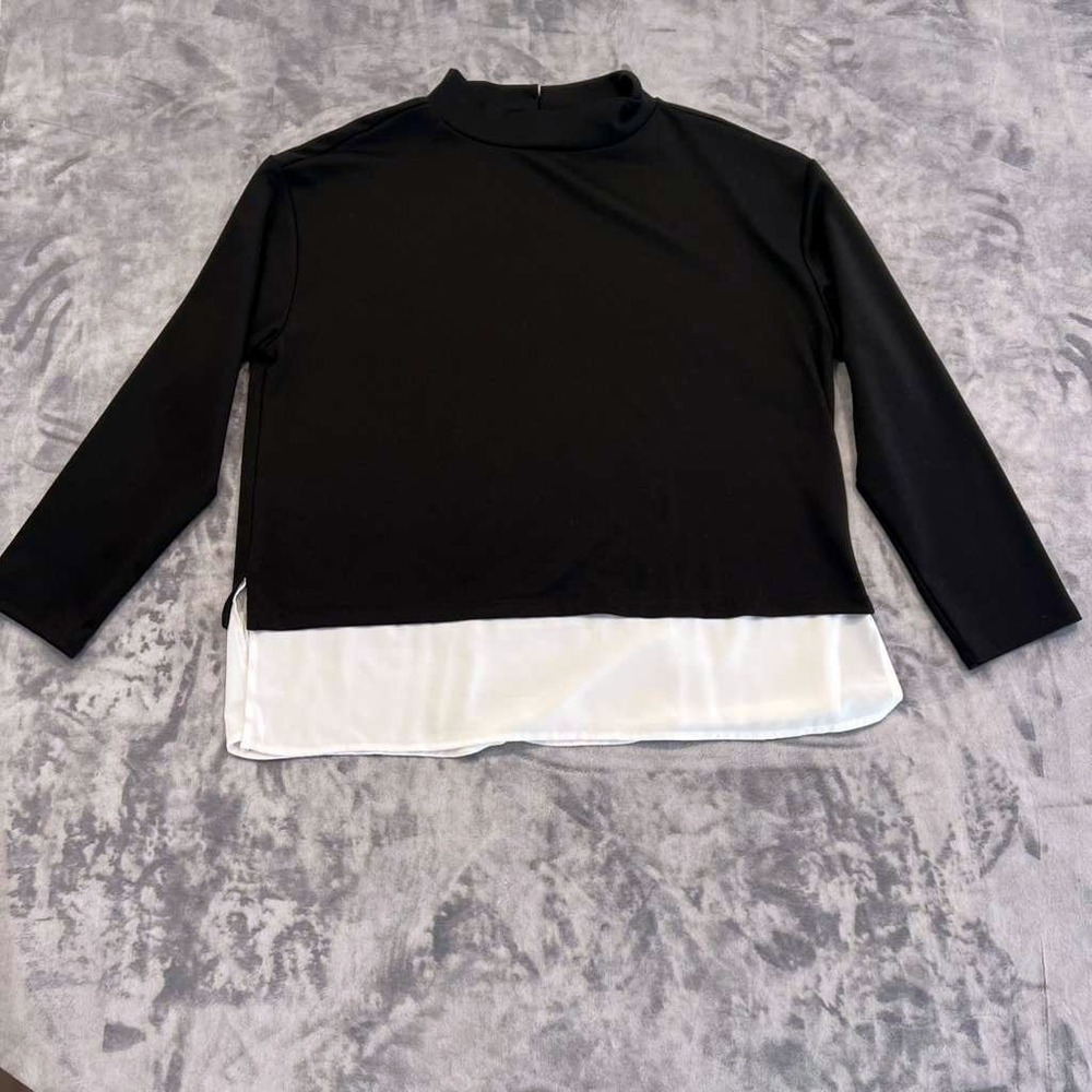 Ann Taylor Factory Womens L Black Mock Neck Long Sleeve Top White‎ Hem Two Tone